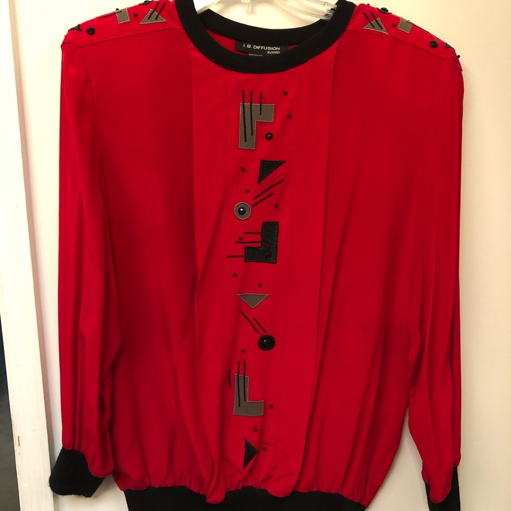 I B diffusion Silk Blouse With Beads Size 14 (red & Black). Very soft.